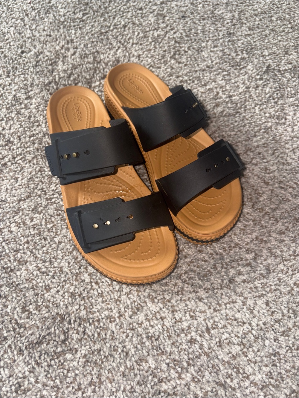 Croc Black Strap Slide Sandals with Tan Footbed